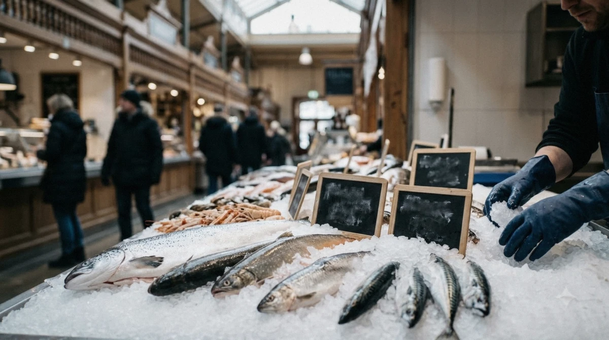 Handwritten price tags on a market stall counter, showing the real cost of a food tour in Stockholm